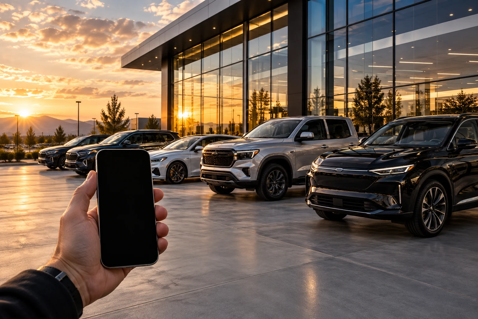 Modern franchise dealership with vehicles staged at golden hour