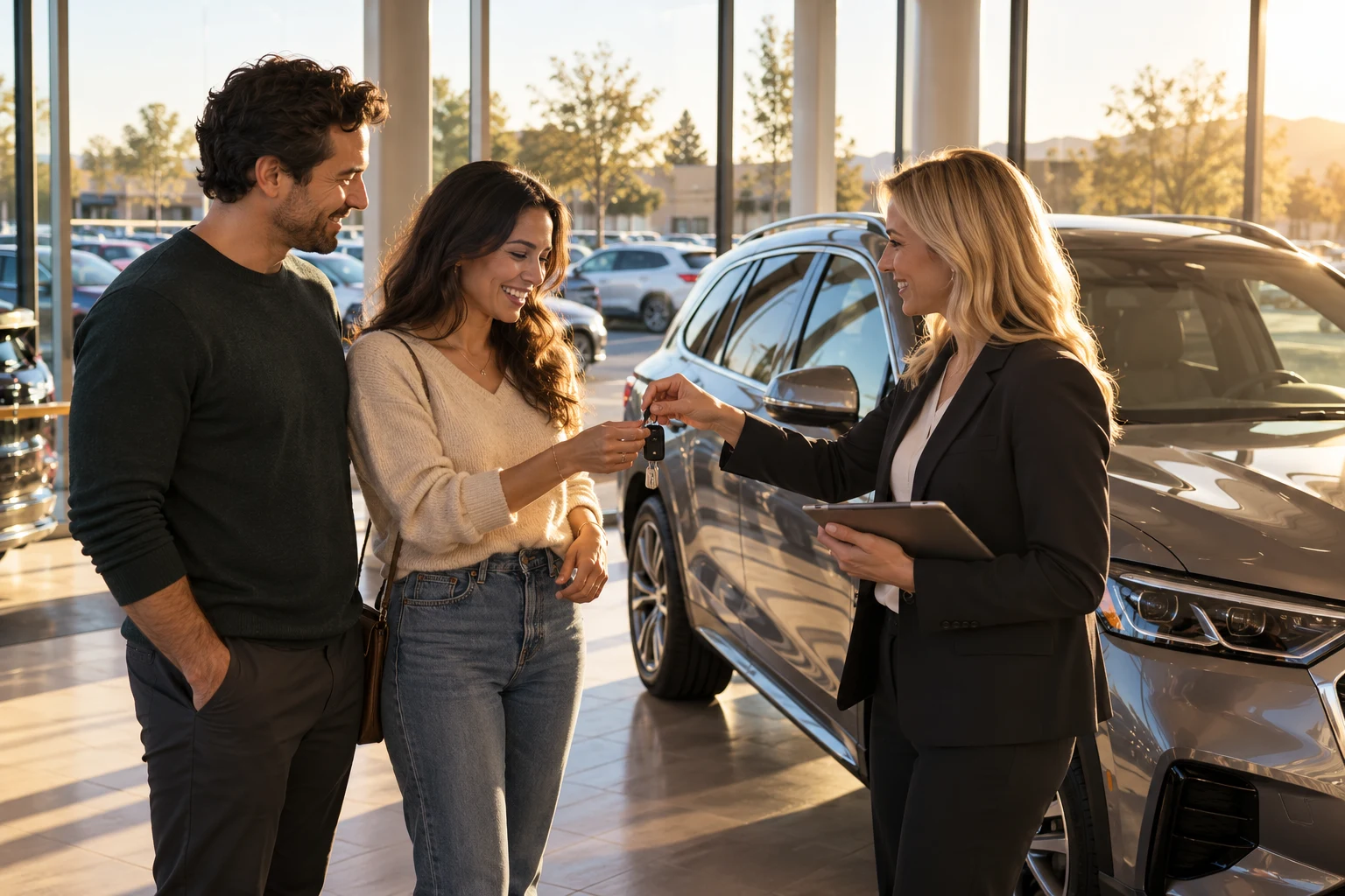 Credit union member couple receiving vehicle keys at a dealership