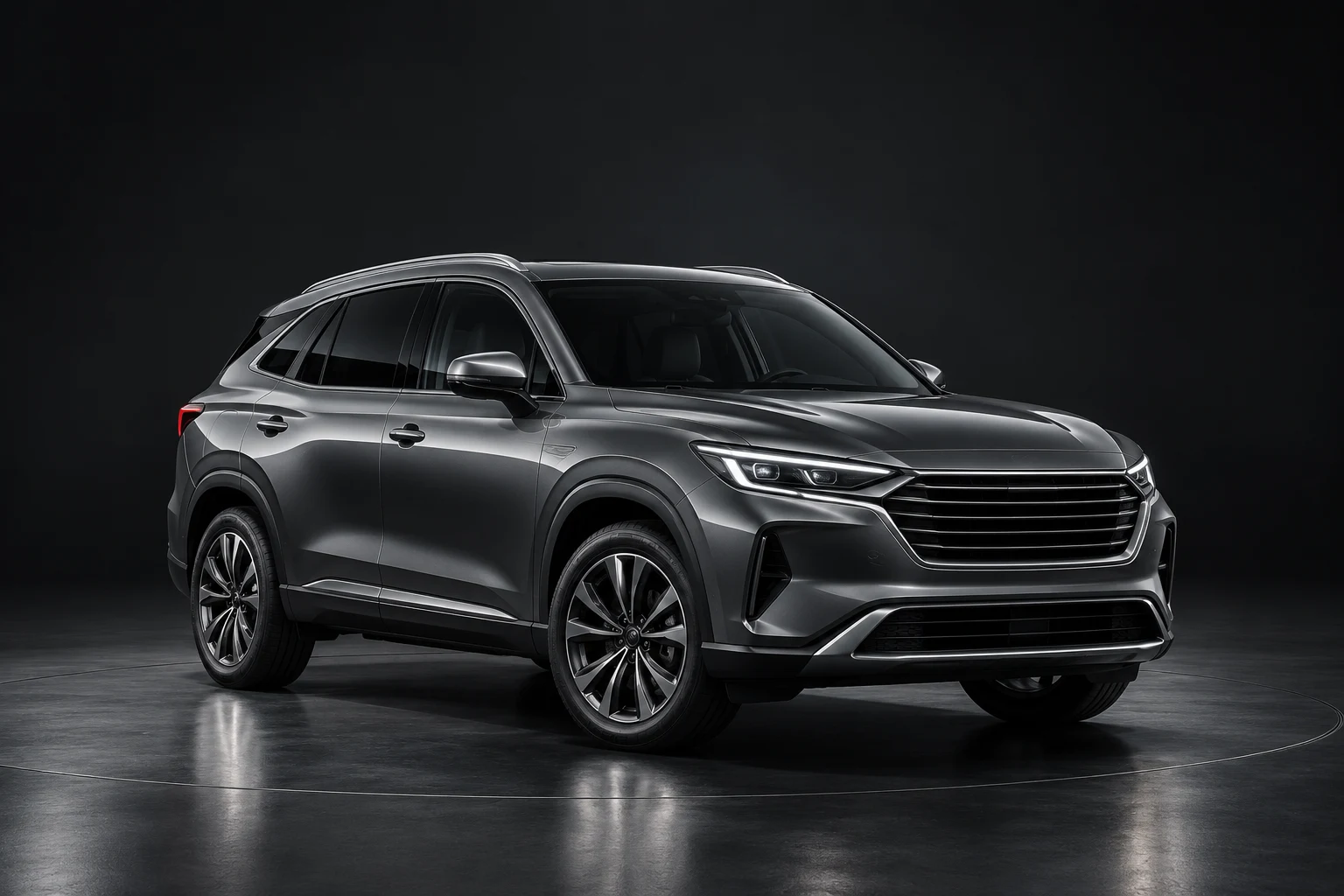 Silver SUV in a dramatic automotive studio